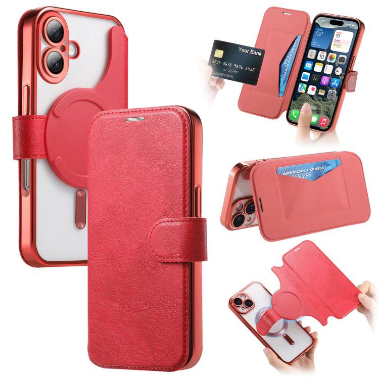 For iPhone 17 Splitable Electroplated MagSafe RFID Anti-theft Leather Phone Case with Lens Film(Red)