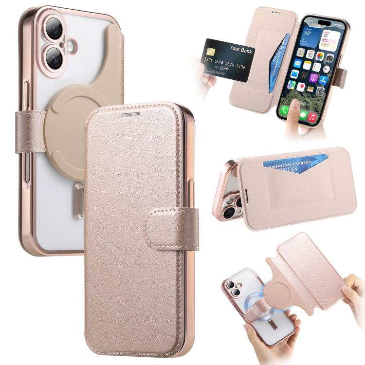 For iPhone 17 Splitable Electroplated MagSafe RFID Anti-theft Leather Phone Case with Lens Film(Rose Gold)