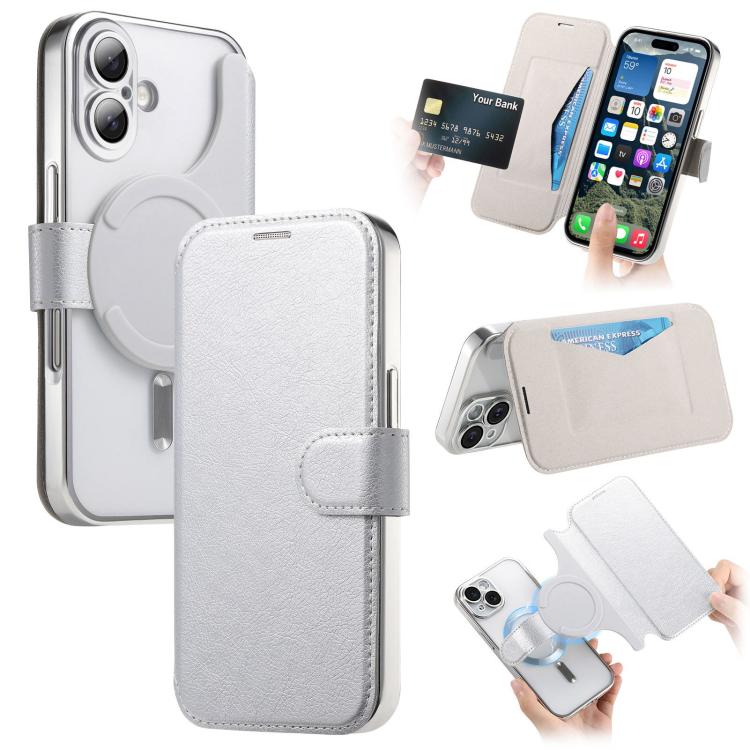 For iPhone 17 Splitable Electroplated MagSafe RFID Anti-theft Leather Phone Case with Lens Film(Silver)