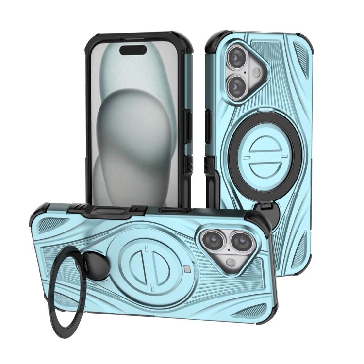 For iPhone 17 Star Ring Metallic Pivot Bracket Magnetic Phone Case(Cyan)