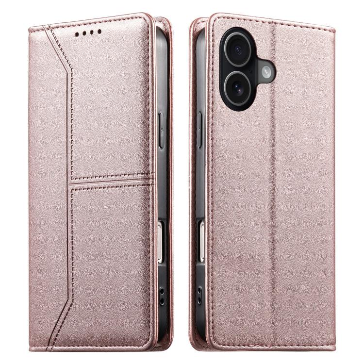 For iPhone 17 Stitched Line Magnetic RFID Vegan Leather Phone Case(Pink)