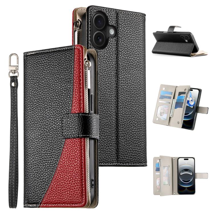 For iPhone 17 Stitching Multi-card Zipper Wallet Leather Phone Case with Short Strap(Black)
