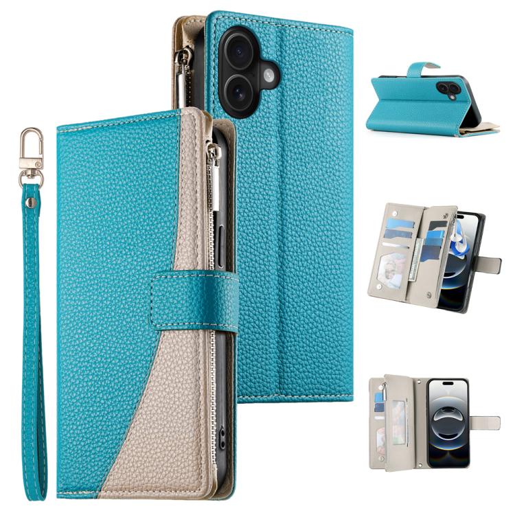 For iPhone 17 Stitching Multi-card Zipper Wallet Leather Phone Case with Short Strap(Blue)