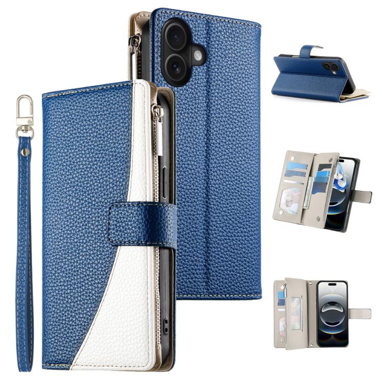 For iPhone 17 Stitching Multi-card Zipper Wallet Leather Phone Case with Short Strap(Dark Blue)