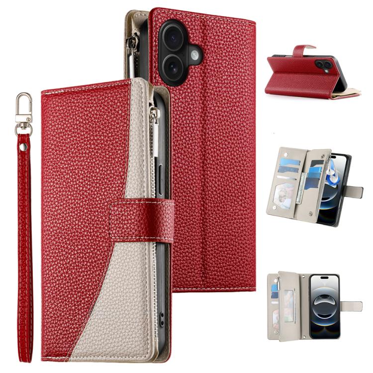 For iPhone 17 Stitching Multi-card Zipper Wallet Leather Phone Case with Short Strap(Red)