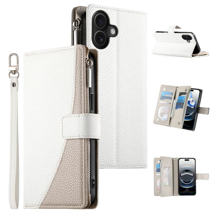 For iPhone 17 Stitching Multi-card Zipper Wallet Leather Phone Case with Short Strap(White)