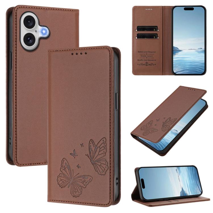 For iPhone 17 Strong Magnetic Dual Butterfly RFID Vegan Leather Phone Case(Brown)