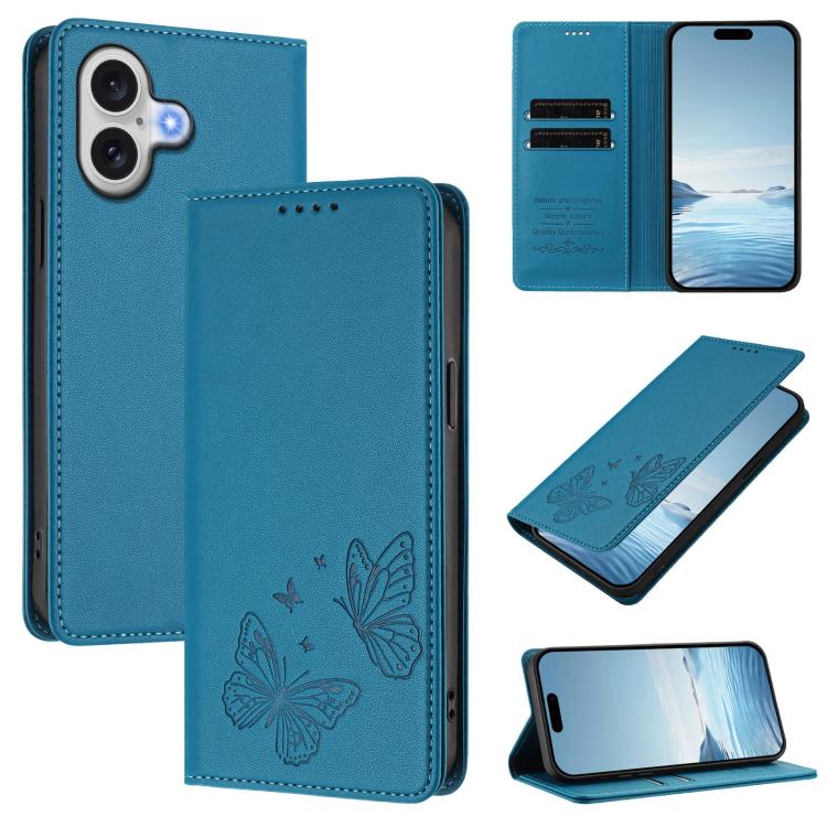 For iPhone 17 Strong Magnetic Dual Butterfly RFID Vegan Leather Phone Case(Lake Blue)