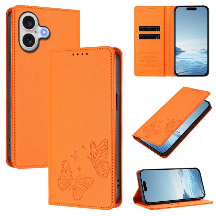 For iPhone 17 Strong Magnetic Dual Butterfly RFID Vegan Leather Phone Case(Orange)