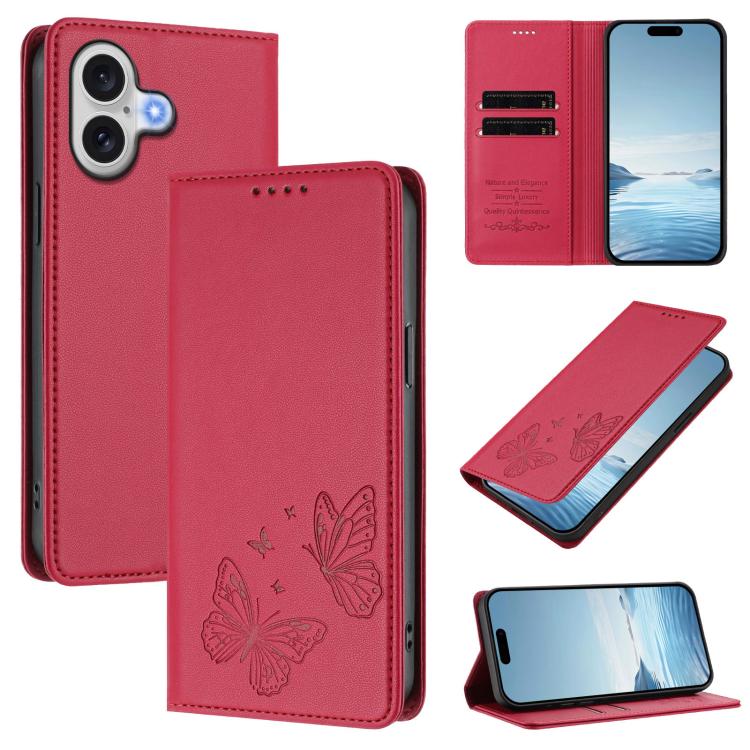 For iPhone 17 Strong Magnetic Dual Butterfly RFID Vegan Leather Phone Case(Red)