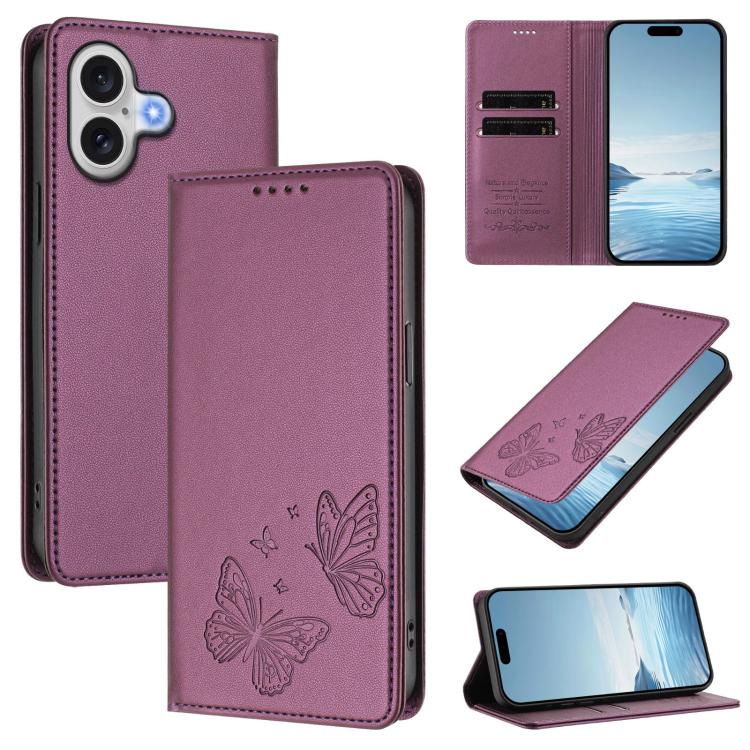 For iPhone 17 Strong Magnetic Dual Butterfly RFID Vegan Leather Phone Case(Violet Purple)