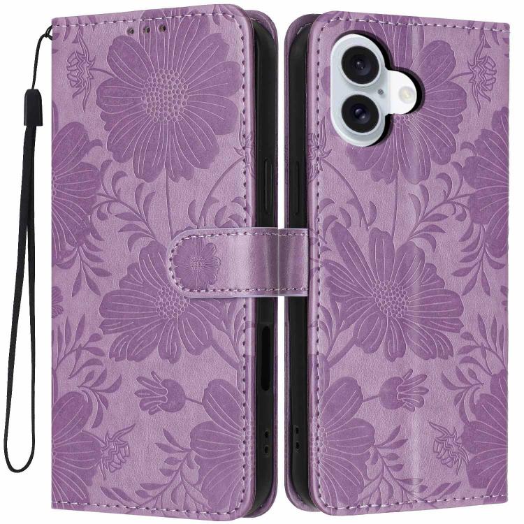 For iPhone 17 Sunflower Embossed Vegan Leather Phone Case with Small Black Rope(Purple)