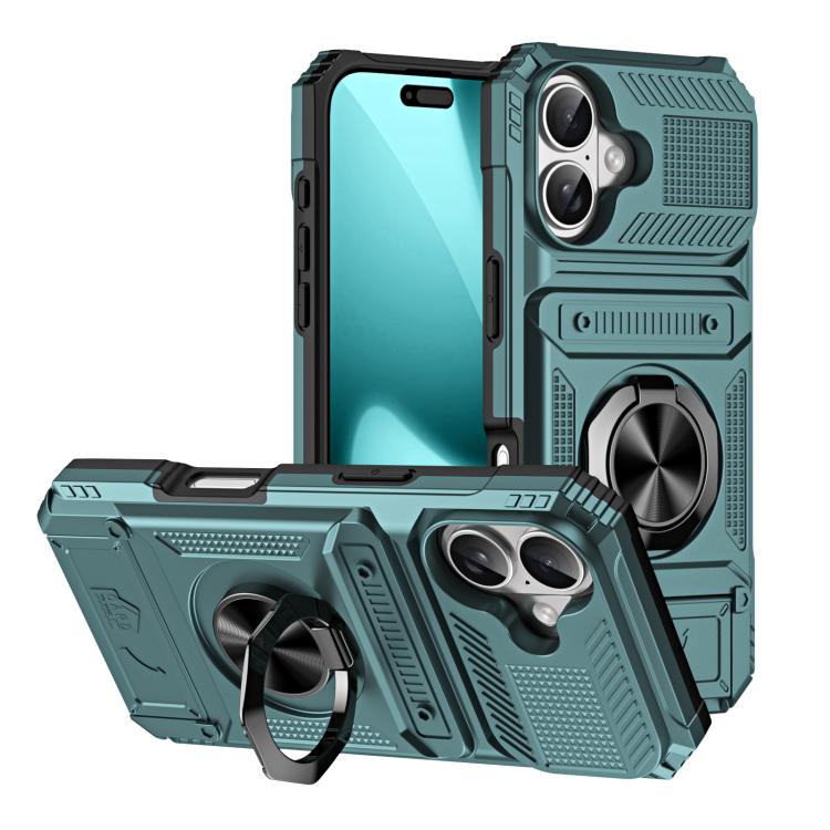 For iPhone 17 TPU+PC Shockproof Card Phone Case with Metal Ring Holder(Green)