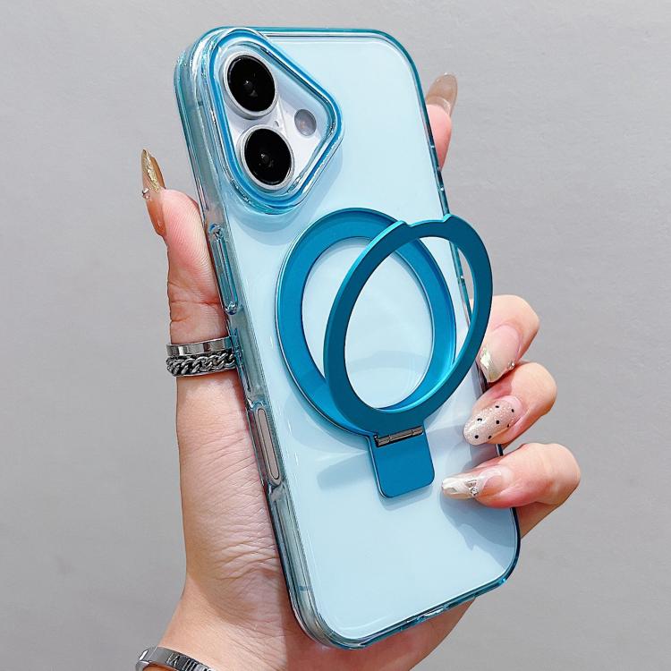 For iPhone 17 Transparent Colorful Metal Ring Holder MagSafe Phone Case(Blue)