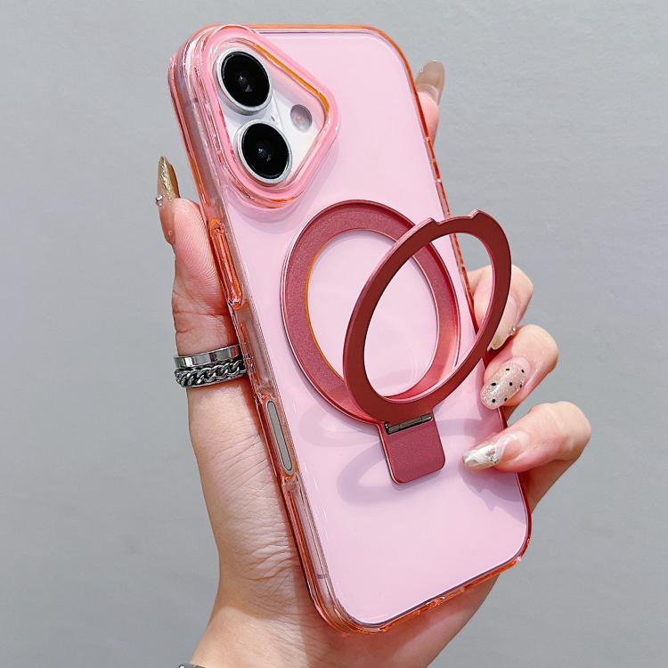For iPhone 17 Transparent Colorful Metal Ring Holder MagSafe Phone Case(Pink)