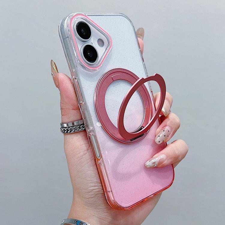 For iPhone 17 Transparent Gradient 360 Degree Rotation Holder MagSafe Phone Case(Pink)