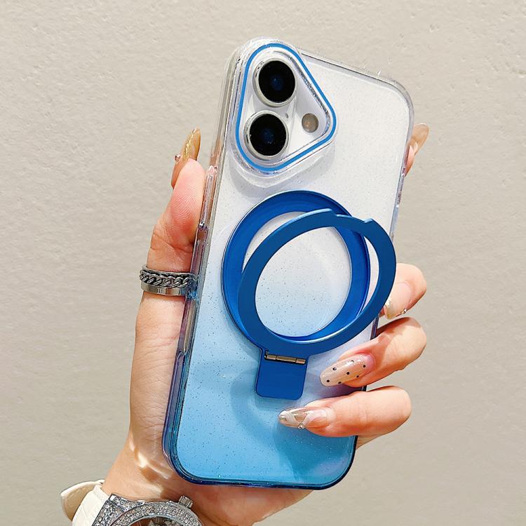 For iPhone 17 Transparent Gradient Metal Ring Holder MagSafe Phone Case(Blue)
