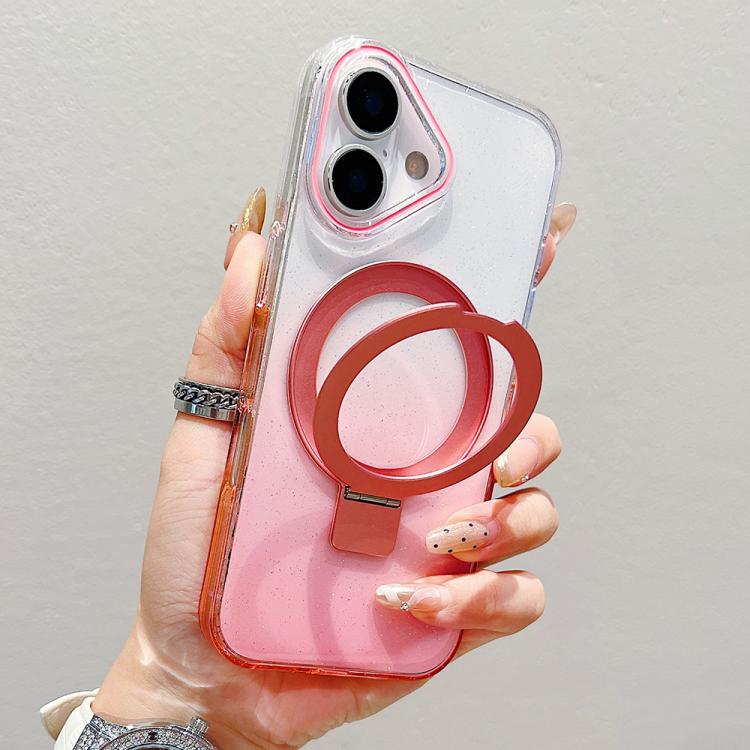 For iPhone 17 Transparent Gradient Metal Ring Holder MagSafe Phone Case(Pink)