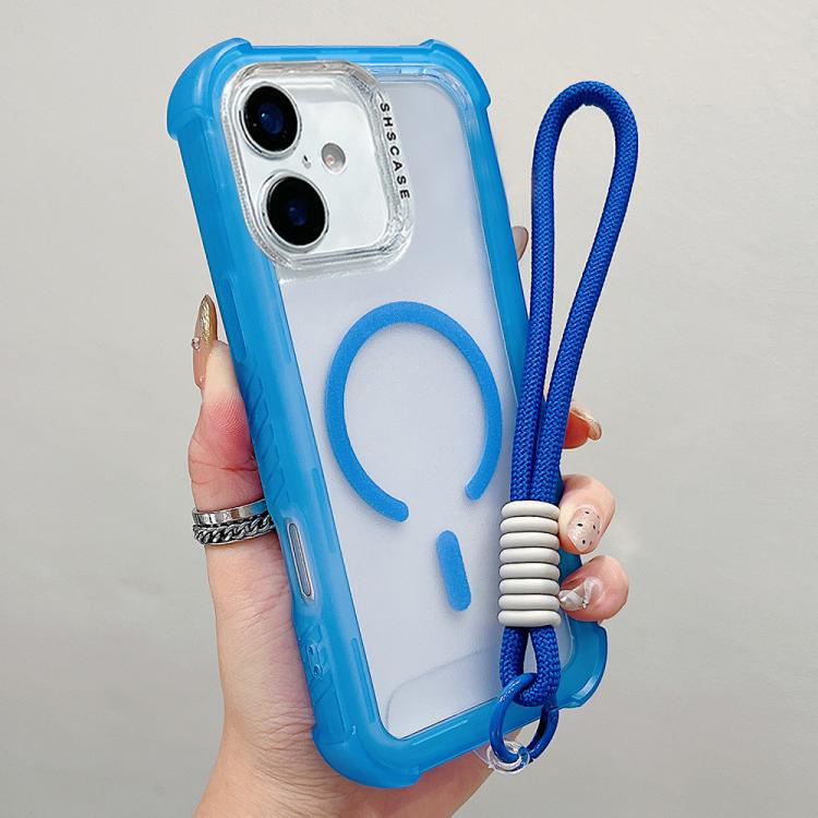 For iPhone 17 Transparent Matte TPU Hybrid PC 3-in-1 MagSafe Phone Case with Wrist Strap(Blue)
