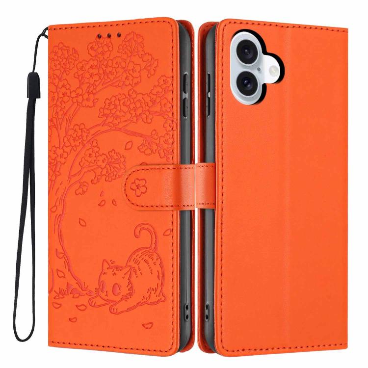 For iPhone 17 Tree Cat Embossed Flip Vegan Leather Phone Case(Orange)