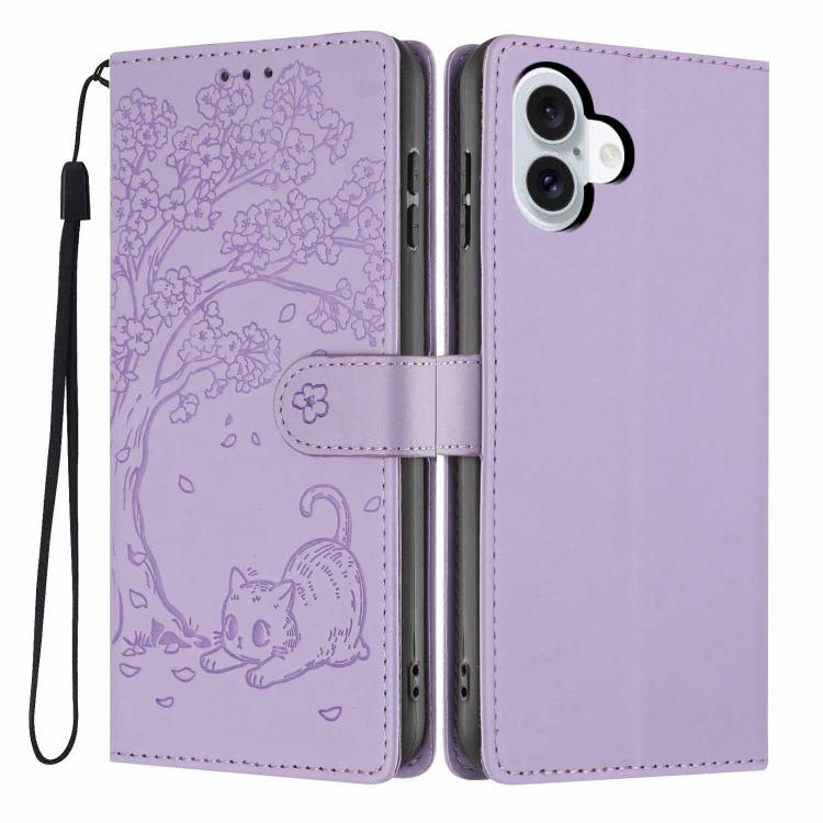 For iPhone 17 Tree Cat Embossed Flip Vegan Leather Phone Case(Purple)