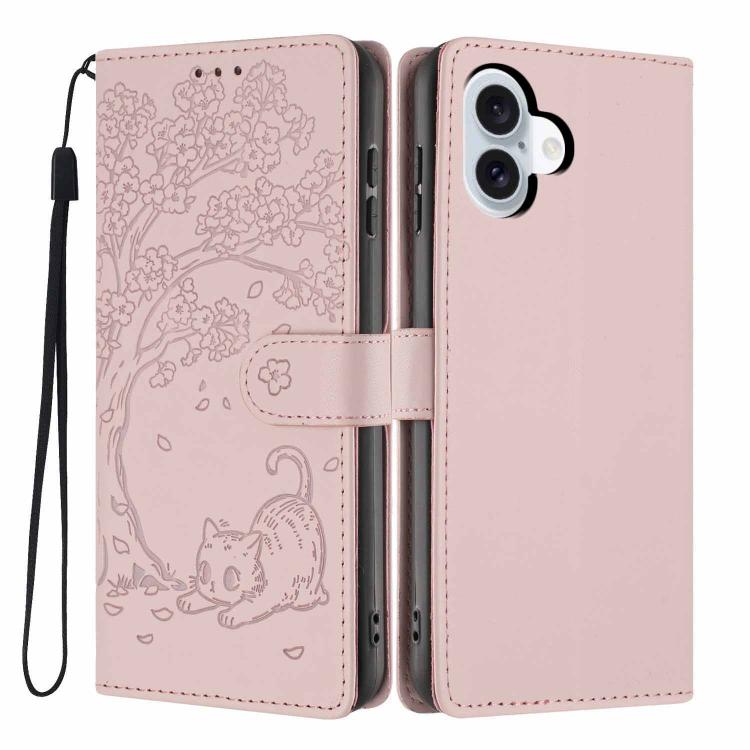 For iPhone 17 Tree Cat Embossed Flip Vegan Leather Phone Case(Rose Gold)