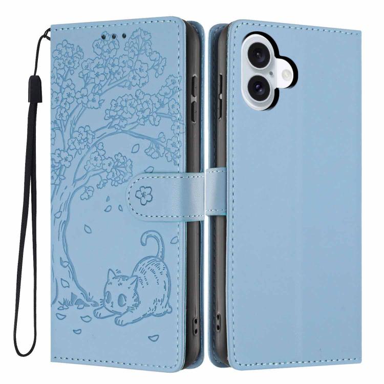 For iPhone 17 Tree Cat Embossed Flip Vegan Leather Phone Case(Sky Blue)