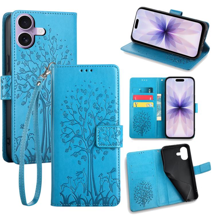 For iPhone 17 Tree & Deer Embossed Leather Phone Case(Blue)