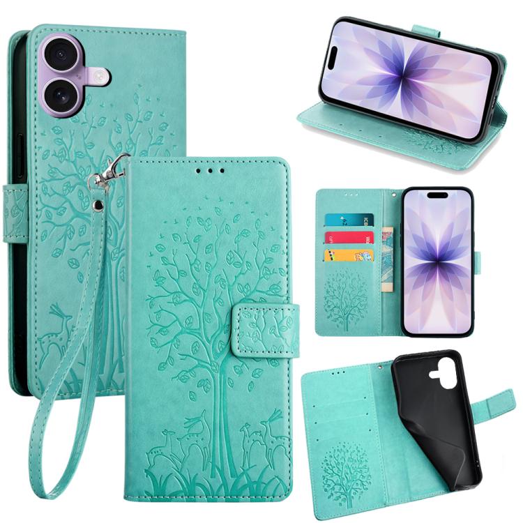 For iPhone 17 Tree & Deer Embossed Leather Phone Case(Green)