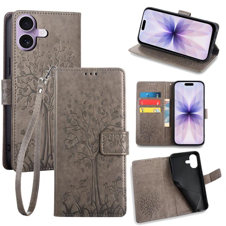 For iPhone 17 Tree & Deer Embossed Leather Phone Case(Grey)