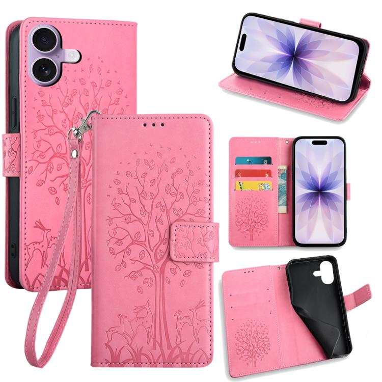 For iPhone 17 Tree & Deer Embossed Leather Phone Case(Pink)