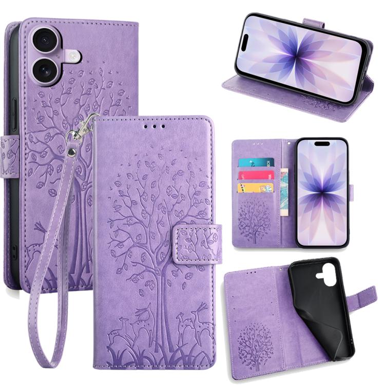 For iPhone 17 Tree & Deer Embossed Leather Phone Case(Purple)
