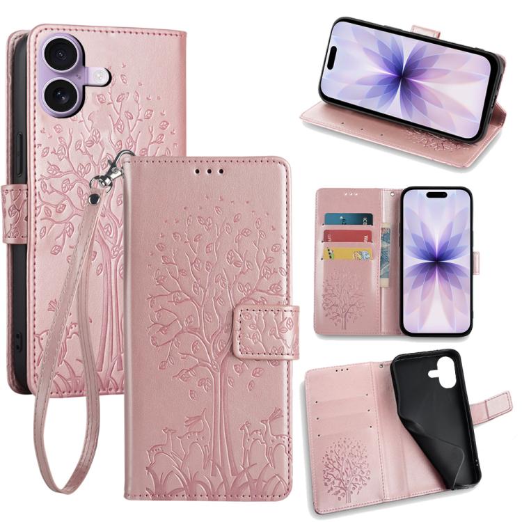 For iPhone 17 Tree & Deer Embossed Leather Phone Case(Rose Gold)