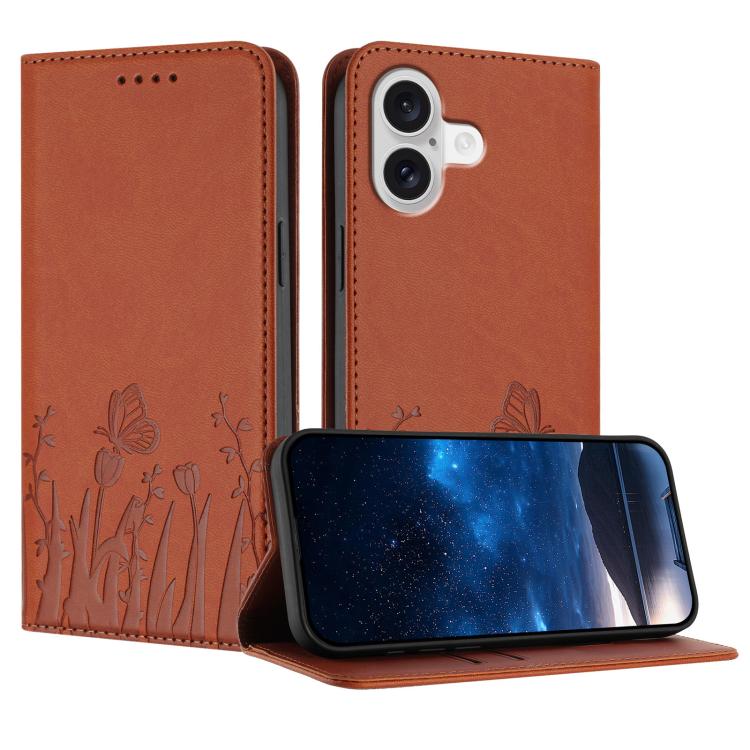 For iPhone 17 Tulips Butterfly Pattern Magnetic Vegan Leather Phone Case(Coffee)
