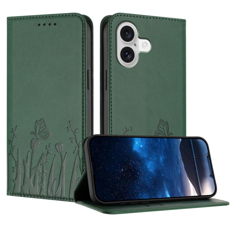 For iPhone 17 Tulips Butterfly Pattern Magnetic Vegan Leather Phone Case(Dark Green)