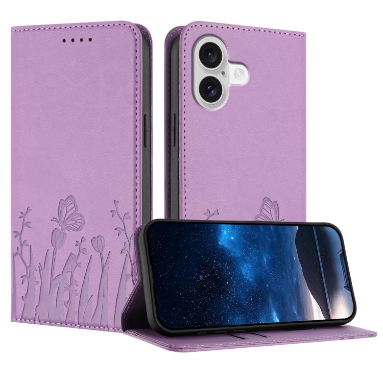 For iPhone 17 Tulips Butterfly Pattern Magnetic Vegan Leather Phone Case(Light Purple)