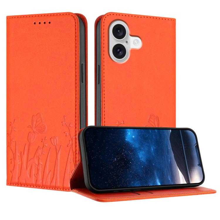For iPhone 17 Tulips Butterfly Pattern Magnetic Vegan Leather Phone Case(Orange)