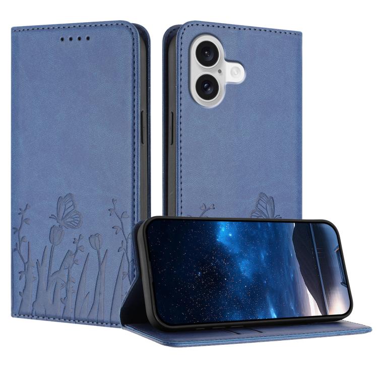 For iPhone 17 Tulips Butterfly Pattern Magnetic Vegan Leather Phone Case(Royal Blue)