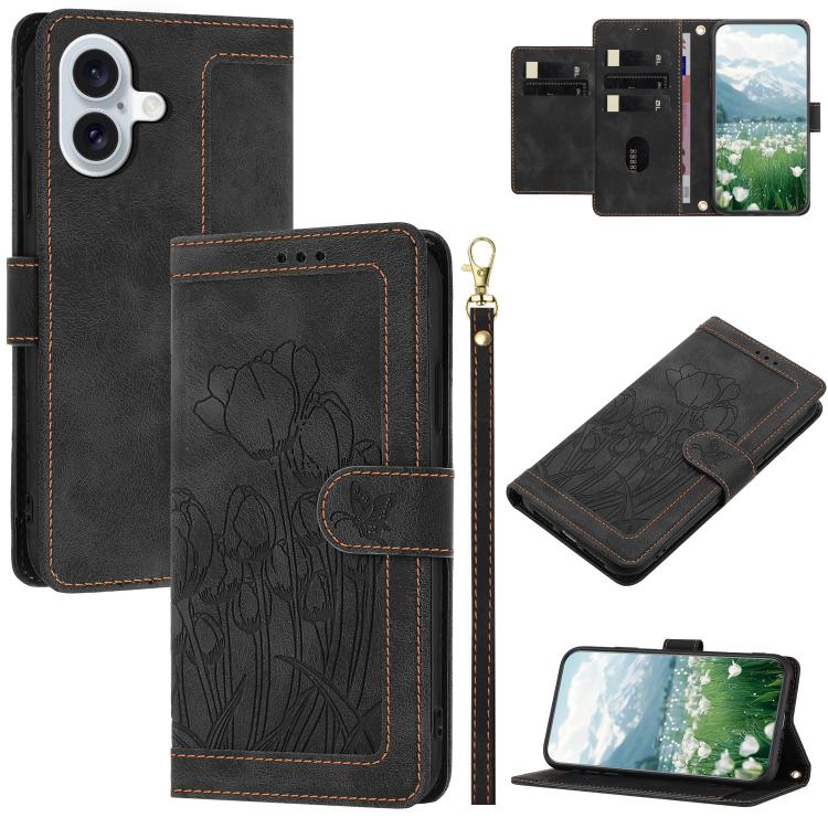 For iPhone 17 Tulips Embossed Leather Phone Case with Lanyard(Black)