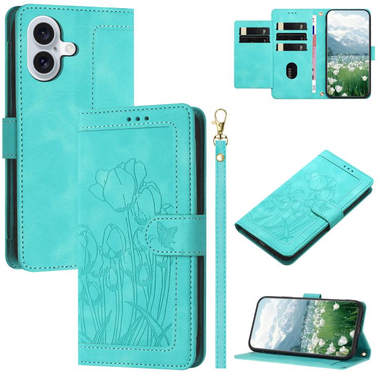 For iPhone 17 Tulips Embossed Leather Phone Case with Lanyard(Green)