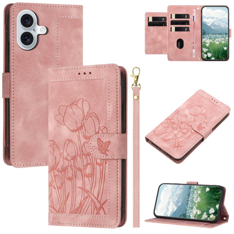 For iPhone 17 Tulips Embossed Leather Phone Case with Lanyard(Pink)
