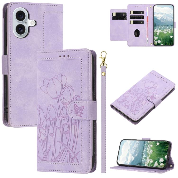 For iPhone 17 Tulips Embossed Leather Phone Case with Lanyard(Purple)