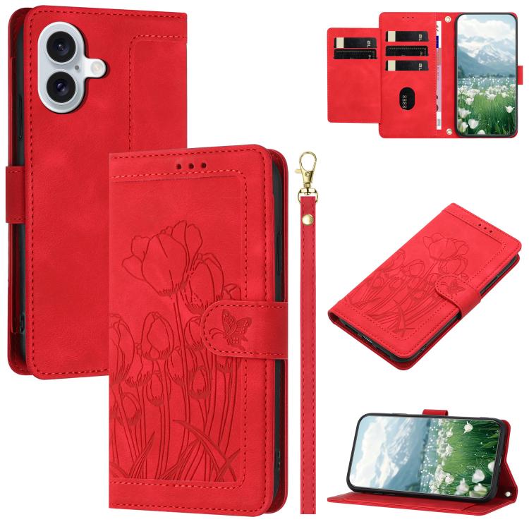 For iPhone 17 Tulips Embossed Leather Phone Case with Lanyard(Red)