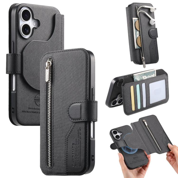 For iPhone 17 Twill Fabric MagSafe RFID Anti-theft Zipper Wallet Leather Phone Case(Black)