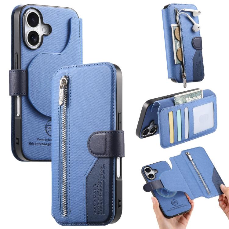 For iPhone 17 Twill Fabric MagSafe RFID Anti-theft Zipper Wallet Leather Phone Case(Dark Blue)