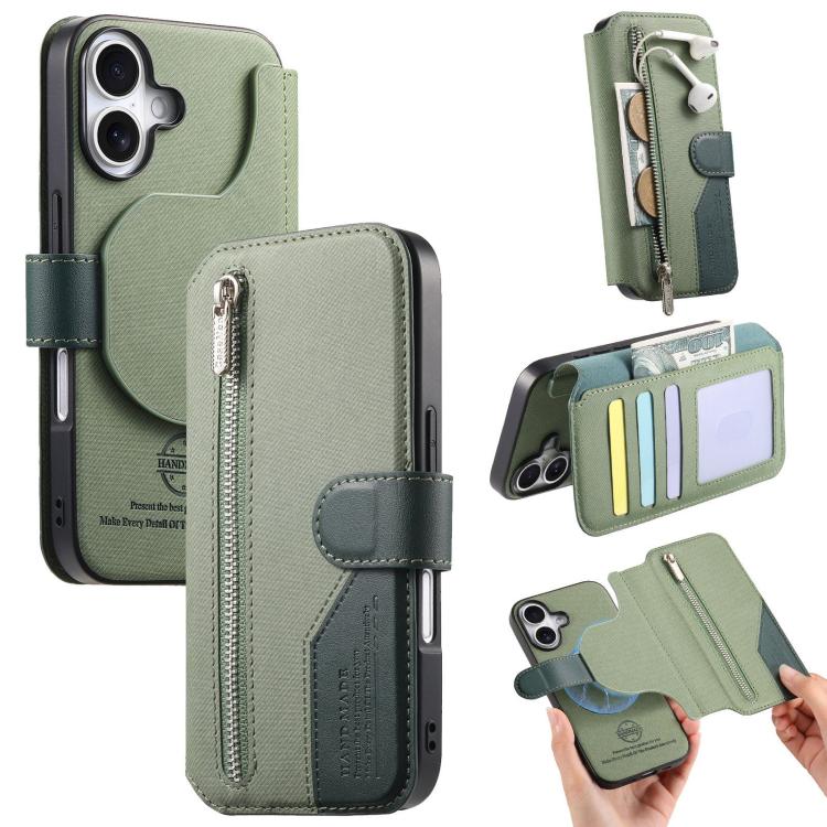 For iPhone 17 Twill Fabric MagSafe RFID Anti-theft Zipper Wallet Leather Phone Case(Green)