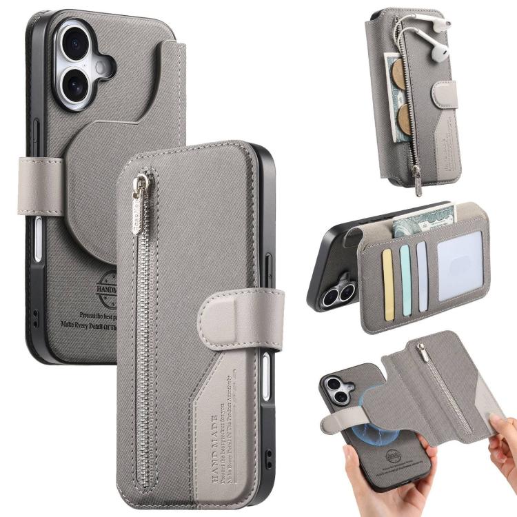 For iPhone 17 Twill Fabric MagSafe RFID Anti-theft Zipper Wallet Leather Phone Case(Grey)