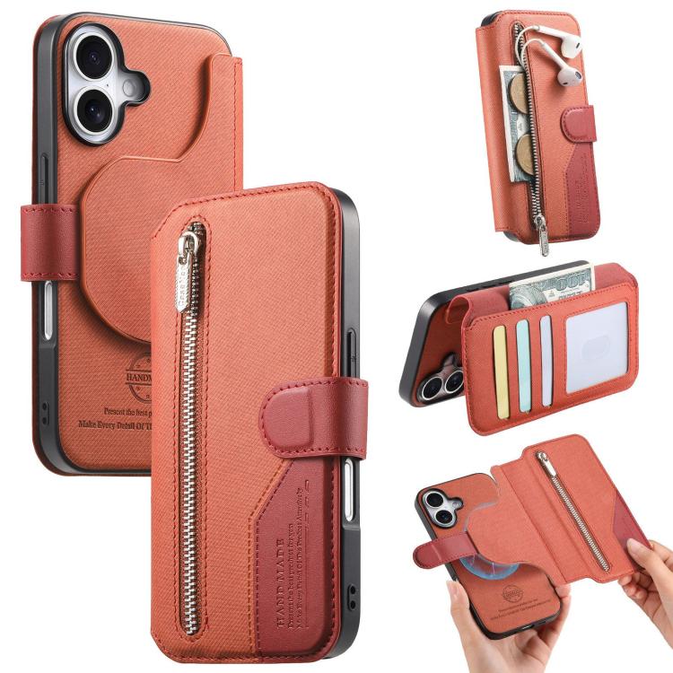 For iPhone 17 Twill Fabric MagSafe RFID Anti-theft Zipper Wallet Leather Phone Case(Orange)