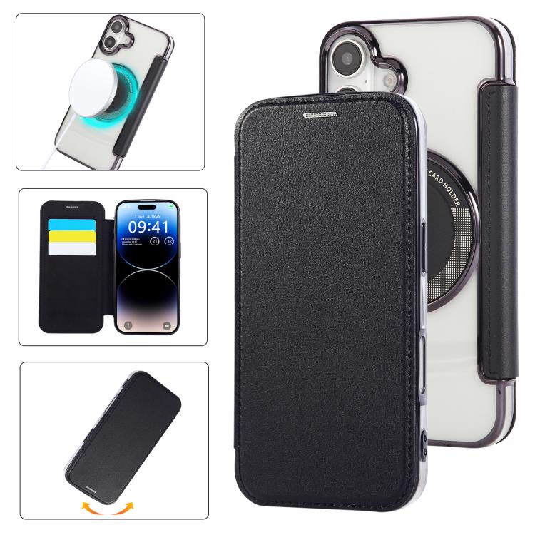 For iPhone 17 Ultra-thin Magnetic Plating Vegan Leather Phone Case(Black)