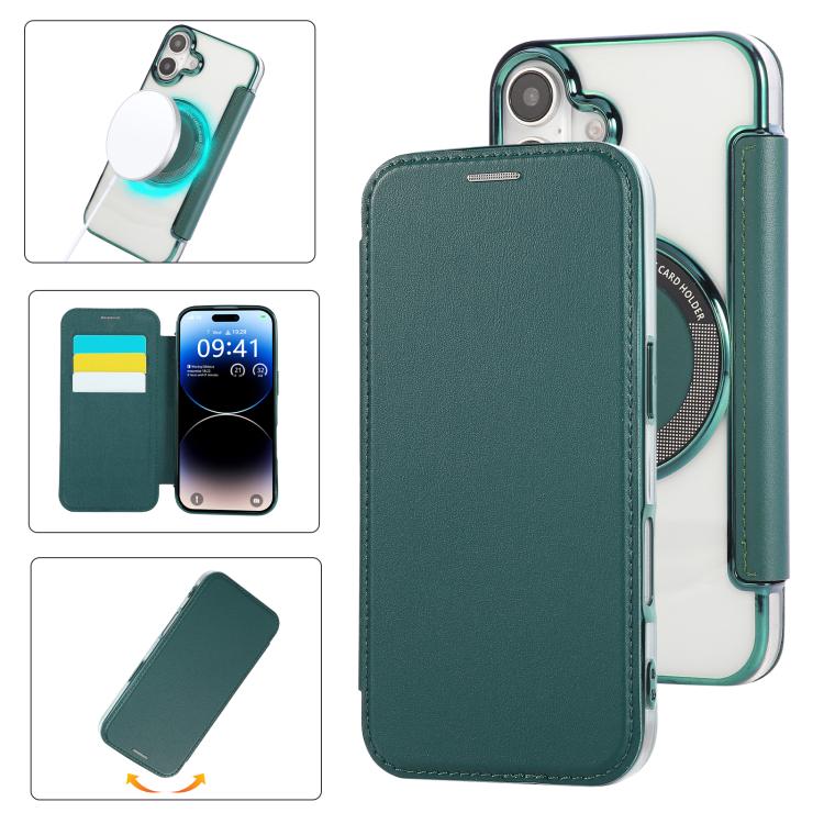 For iPhone 17 Ultra-thin Magnetic Plating Vegan Leather Phone Case(Blackish Green)